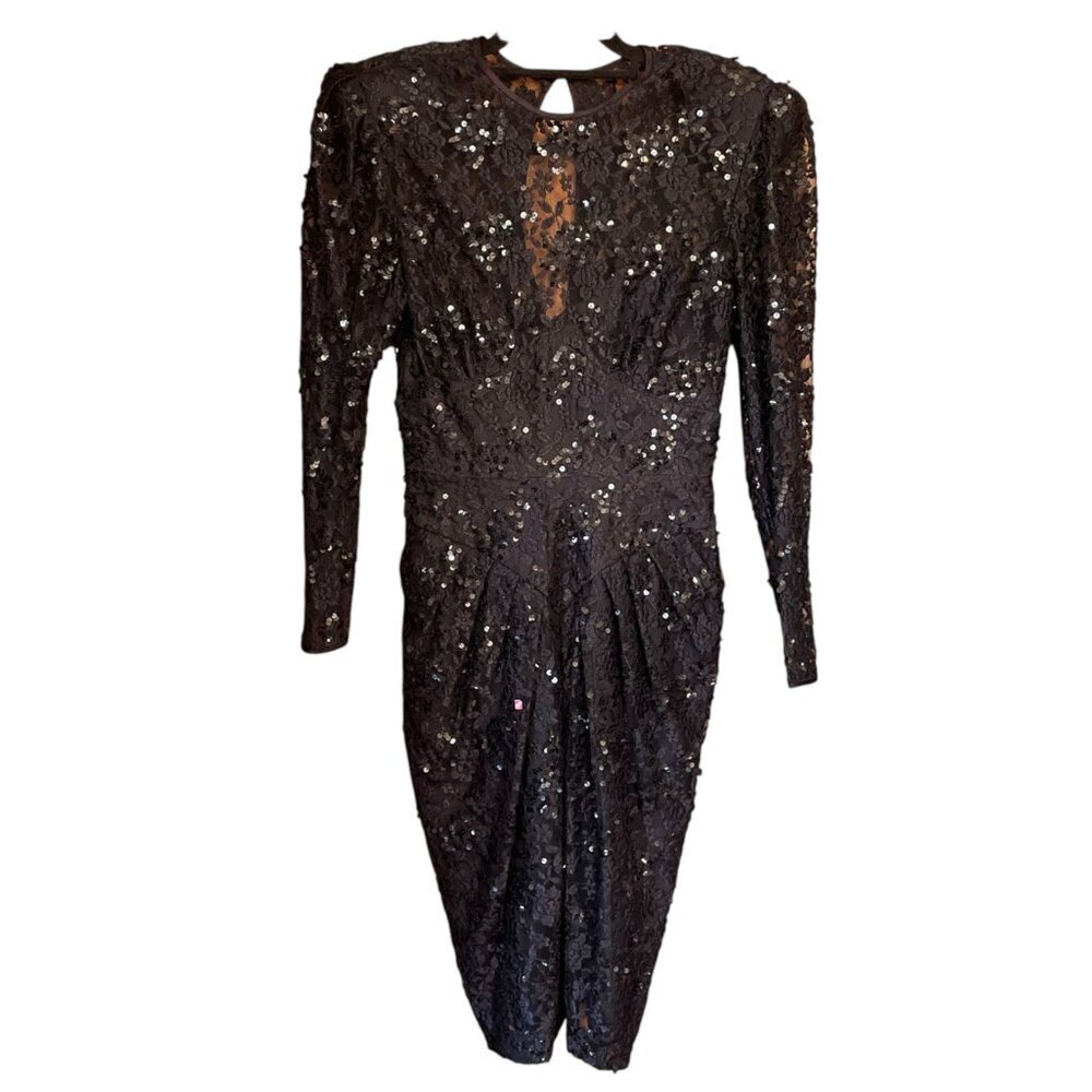 Marie St. Claire Vintage Black Sequin Floral Lace Formal Dress Size 8 Gothic